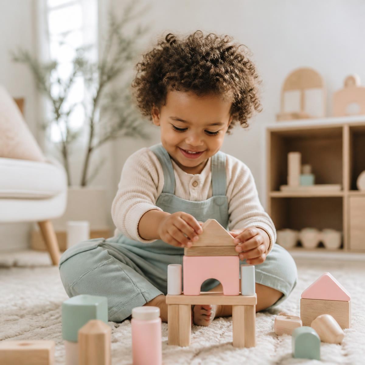 Enfant jouant avec des jouets en bois pastel dans une pièce lumineuse